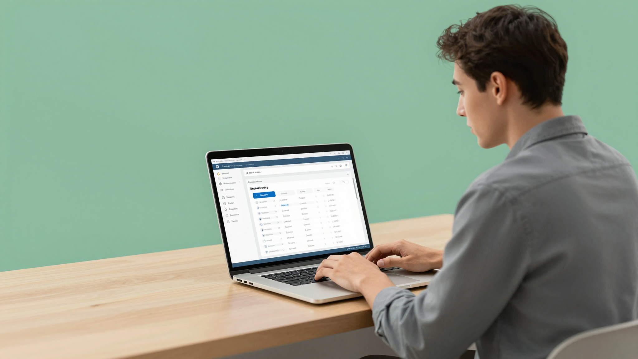 A busy small business owner looking relieved while looking at a single social media dashboard on their laptop.