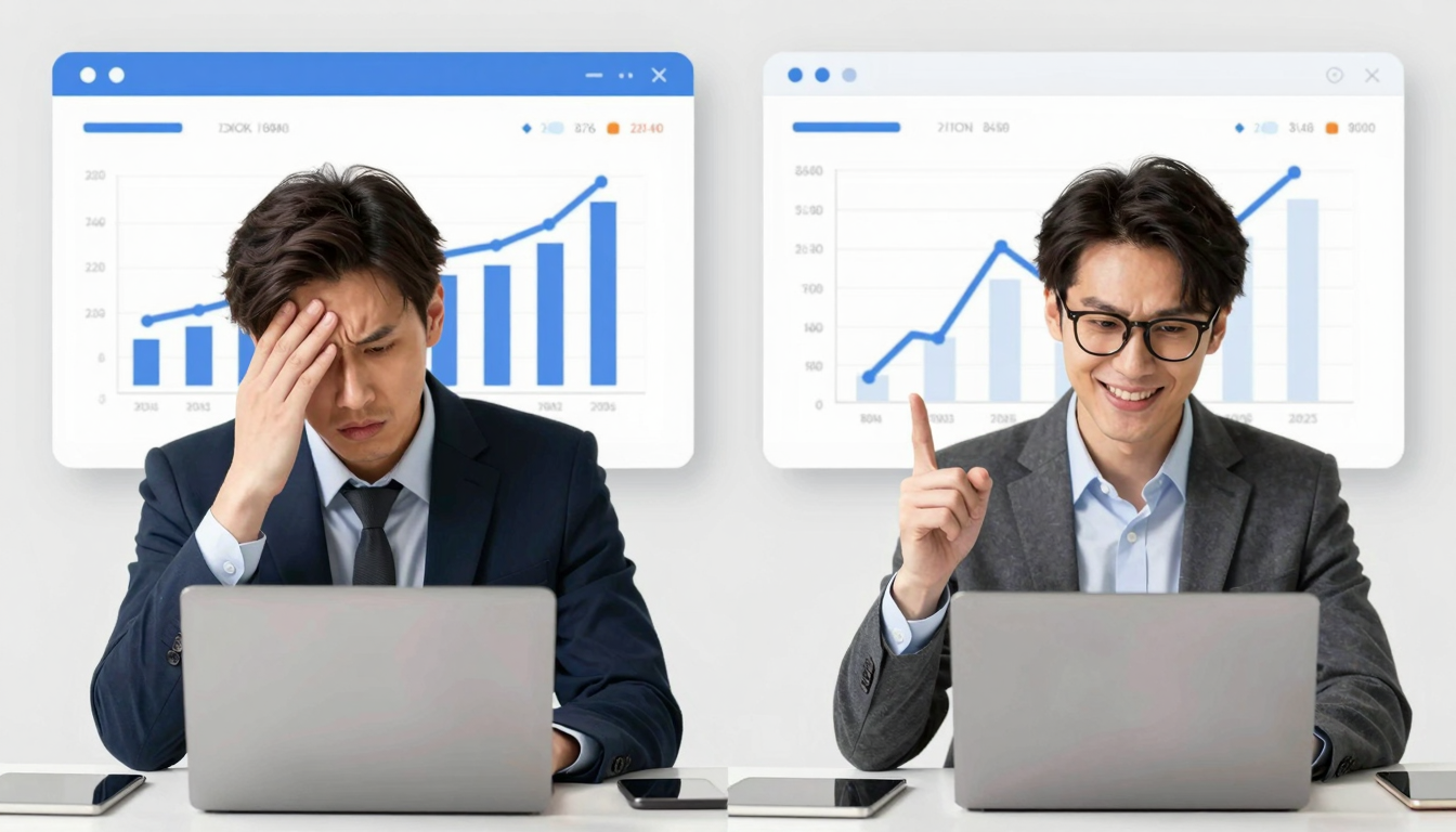 A split screen showing a frustrated business owner looking at low website analytics on the left, and a happy owner looking at a spike in sales conversions on the right.