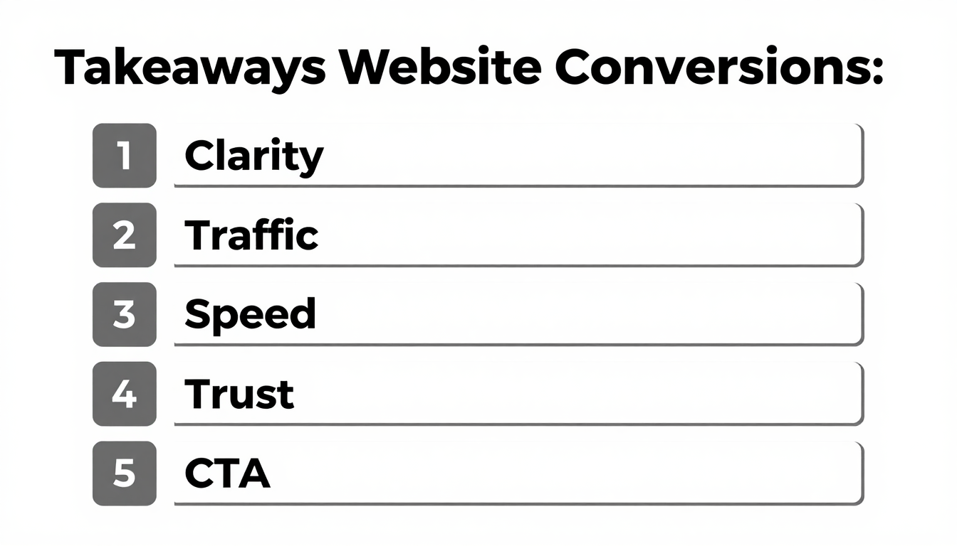 A checklist graphic highlighting the 5 key takeaways for improving website conversions: Clarity, Traffic, Speed, Trust, and CTA.