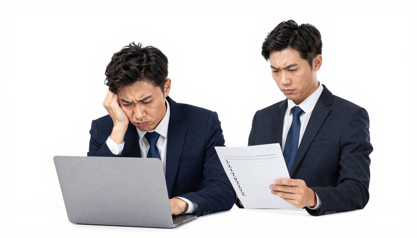 A frustrated business owner looking at a laptop, transitioning to a calm owner reviewing a simple checklist