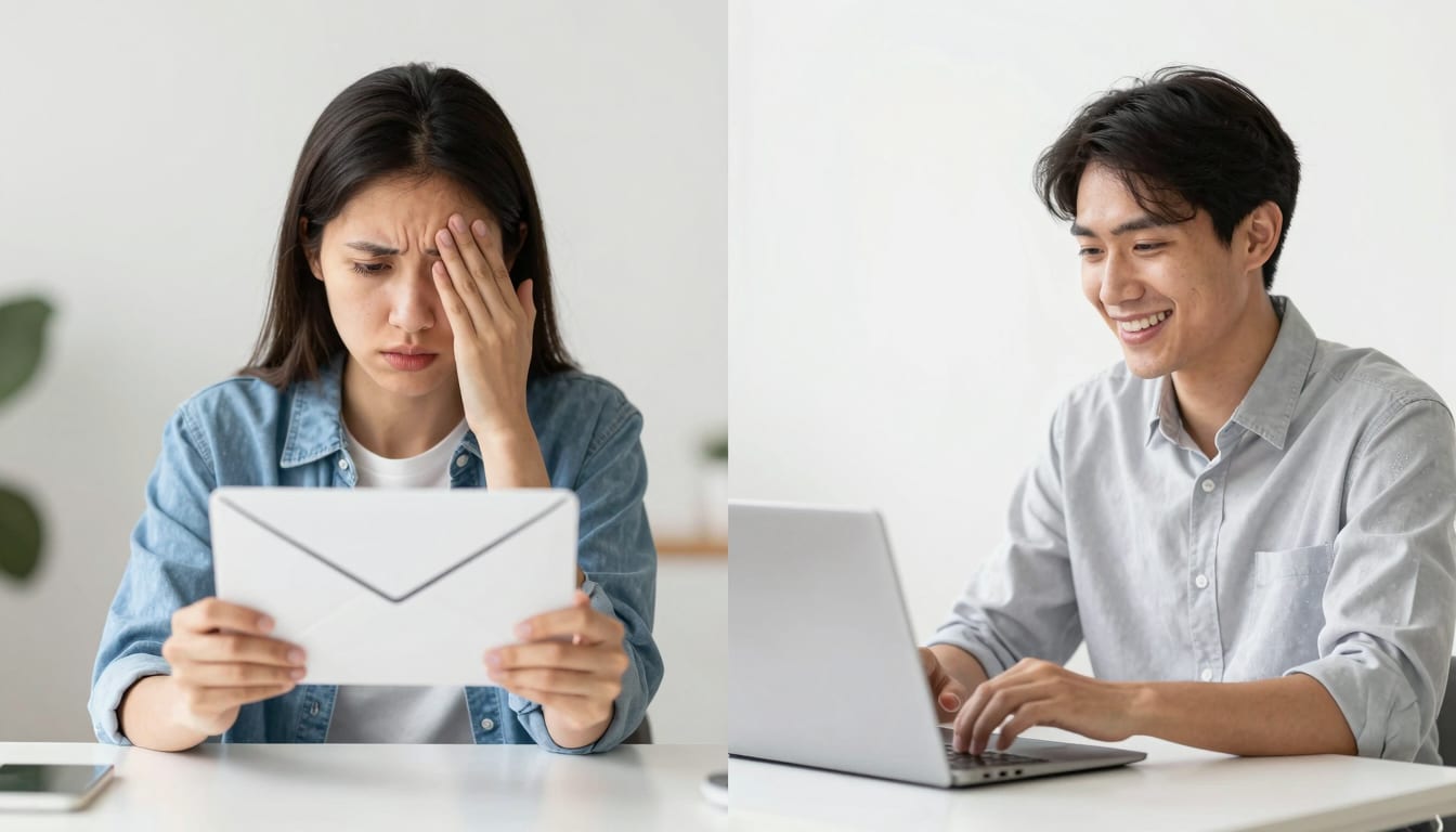 A split screen showing a frustrated customer waiting for an email on the left, and a happy customer interacting with a sleek AI chatbot on the right.