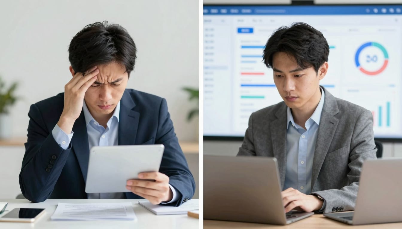A split screen showing a stressed business owner answering emails on the left, and a calm owner reviewing an automated AI dashboard on the right.