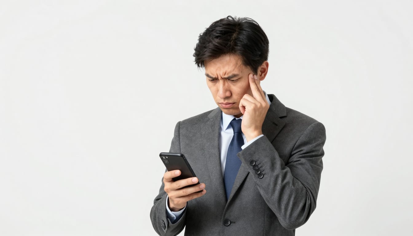 A frustrated business owner looking at a smartphone screen filled with missed calls and unread text messages.