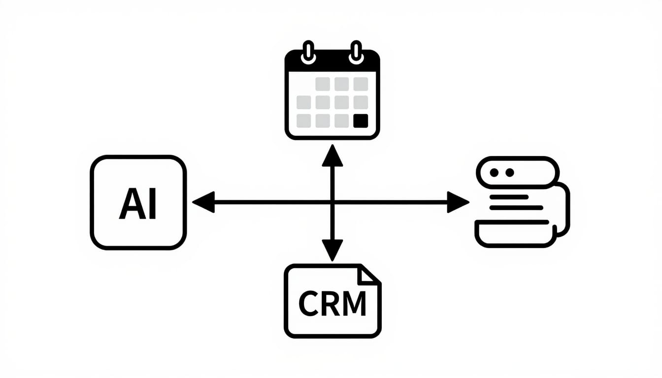 A visual flowchart showing a customer chatting with AI, which then connects to a calendar icon and a CRM database icon.