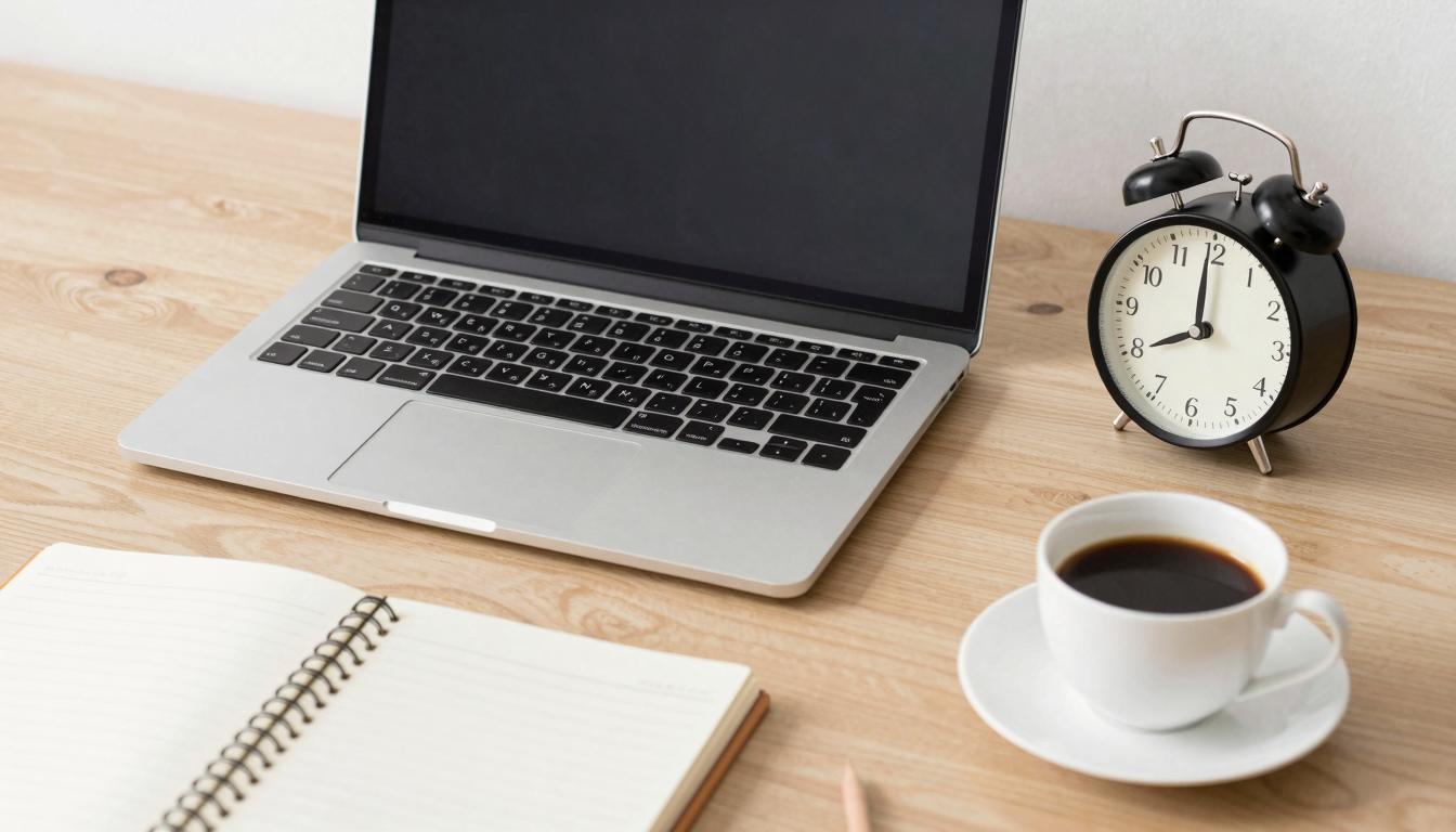 A desk with a laptop, a notebook, a cup of coffee, and a 30-minute timer counting down.