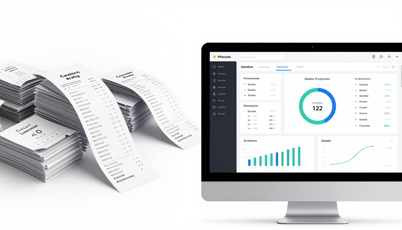A split screen showing a messy pile of paper receipts on the left and a clean, modern dashboard with AI analytics on the right.