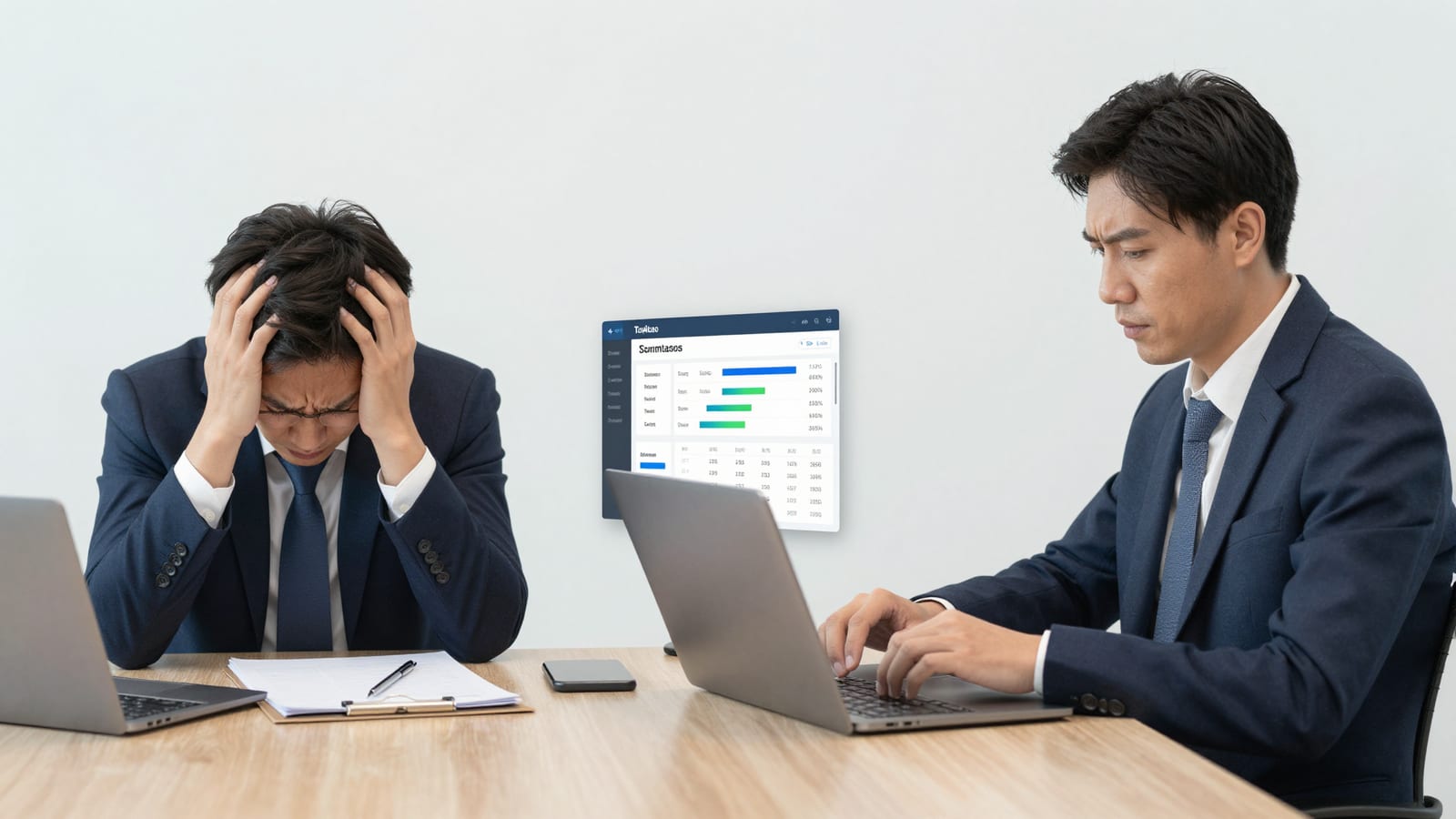 A side-by-side comparison chart showing a stressed business owner doing manual data entry versus a relaxed owner reviewing automated sales dashboards.