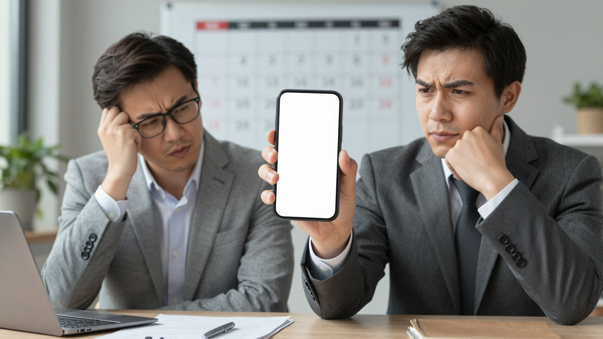 A frustrated business owner staring at a blank smartphone screen with a calendar in the background.