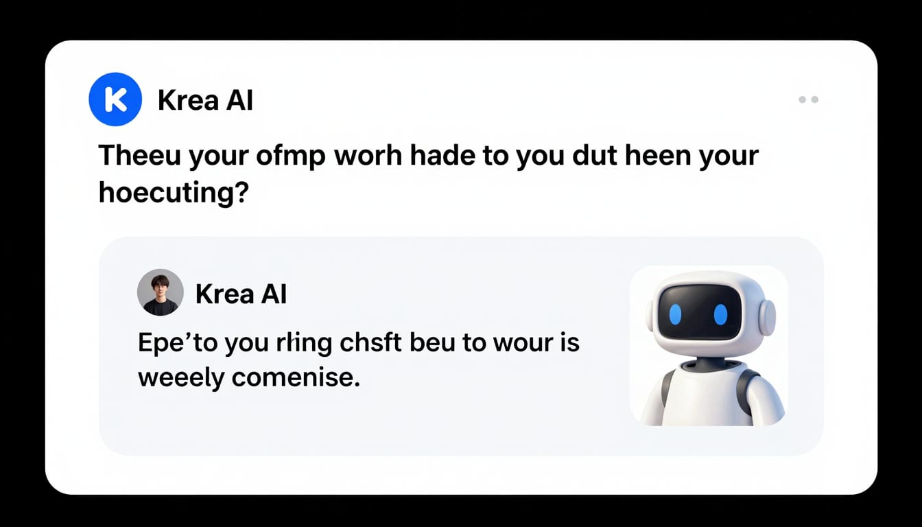 A screenshot showing a Slack channel where a user types a prompt and the Krea AI bot instantly replies with a high-quality generated image.