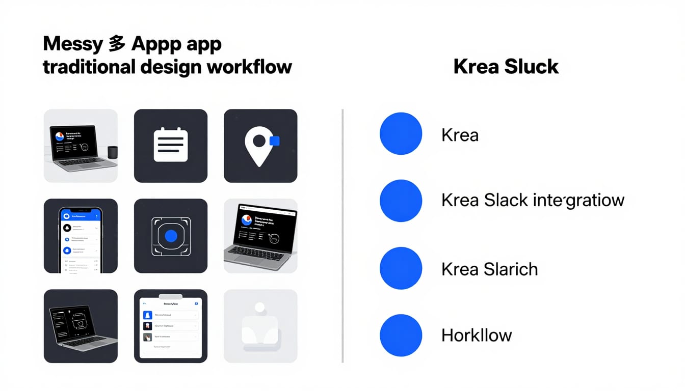 A side-by-side infographic comparing the messy, multi-app traditional design workflow with the streamlined Krea Slack integration workflow.