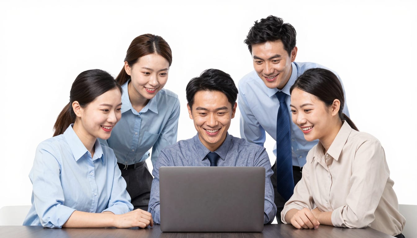 A happy team of office workers looking at a laptop together, representing a collaborative, frictionless workflow.