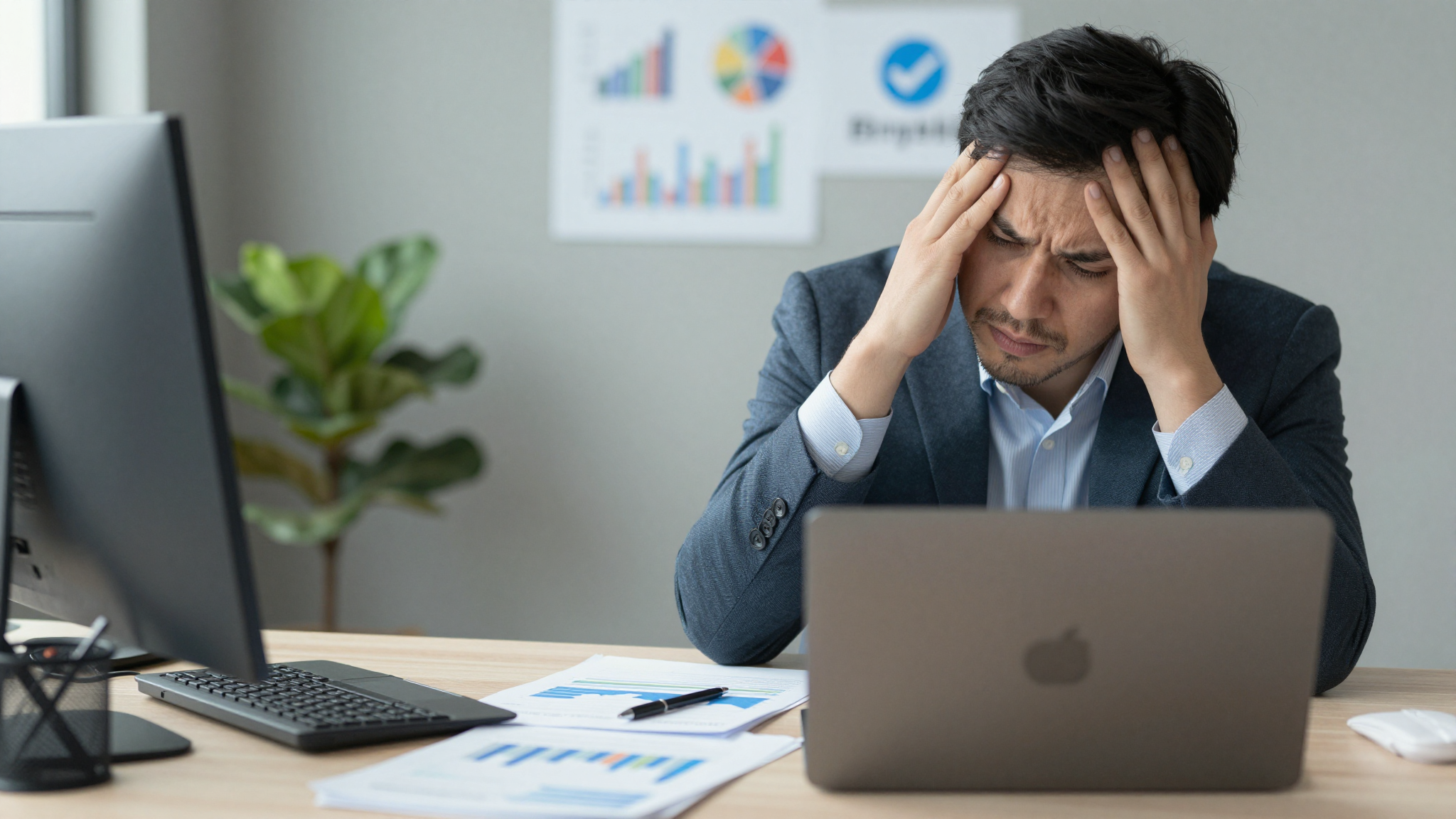 A frustrated business owner sitting at a desk looking overwhelmed by marketing charts and social media logos.