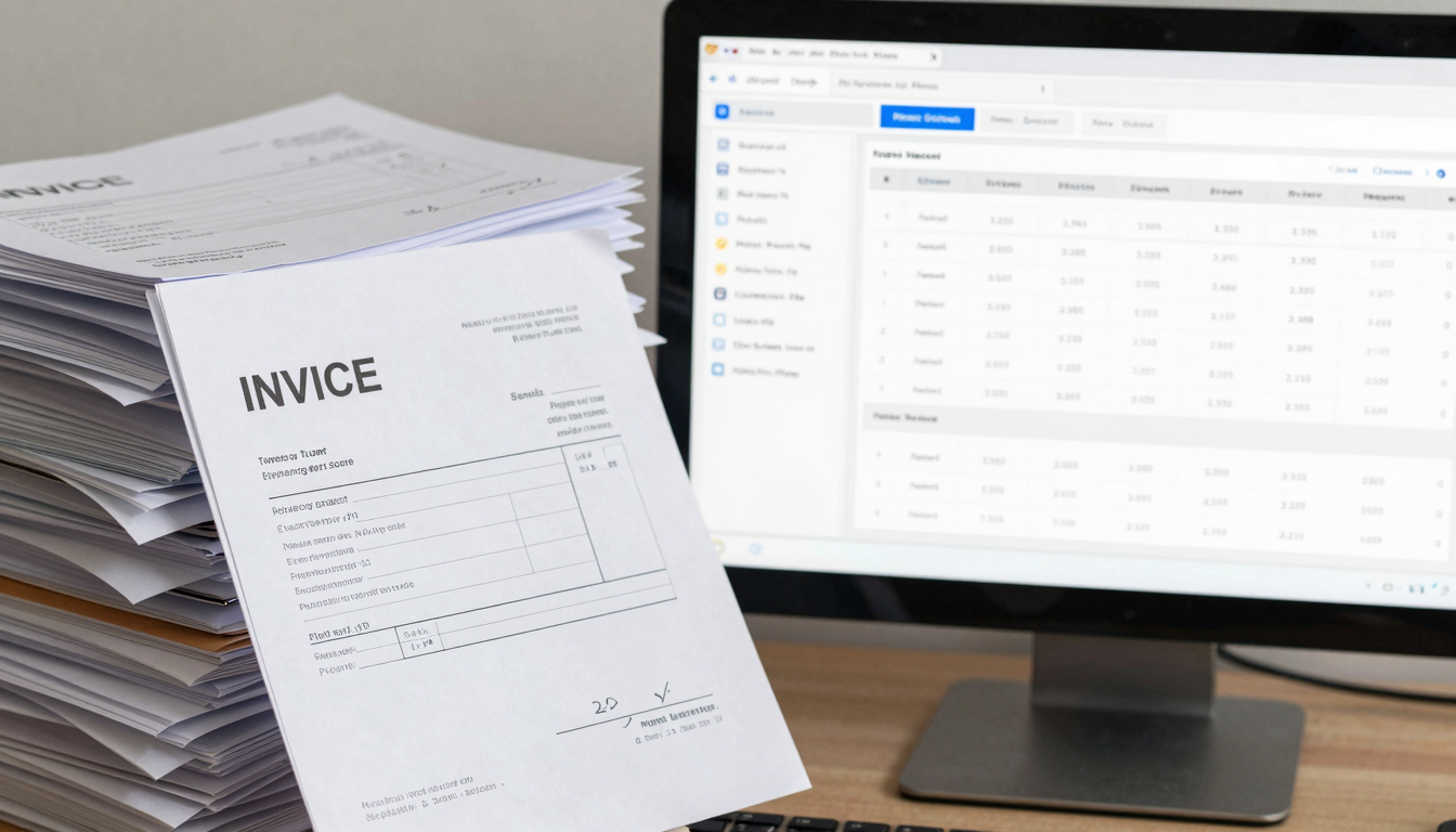 A split screen showing a messy pile of paper invoices next to a clean, digital cash flow dashboard.