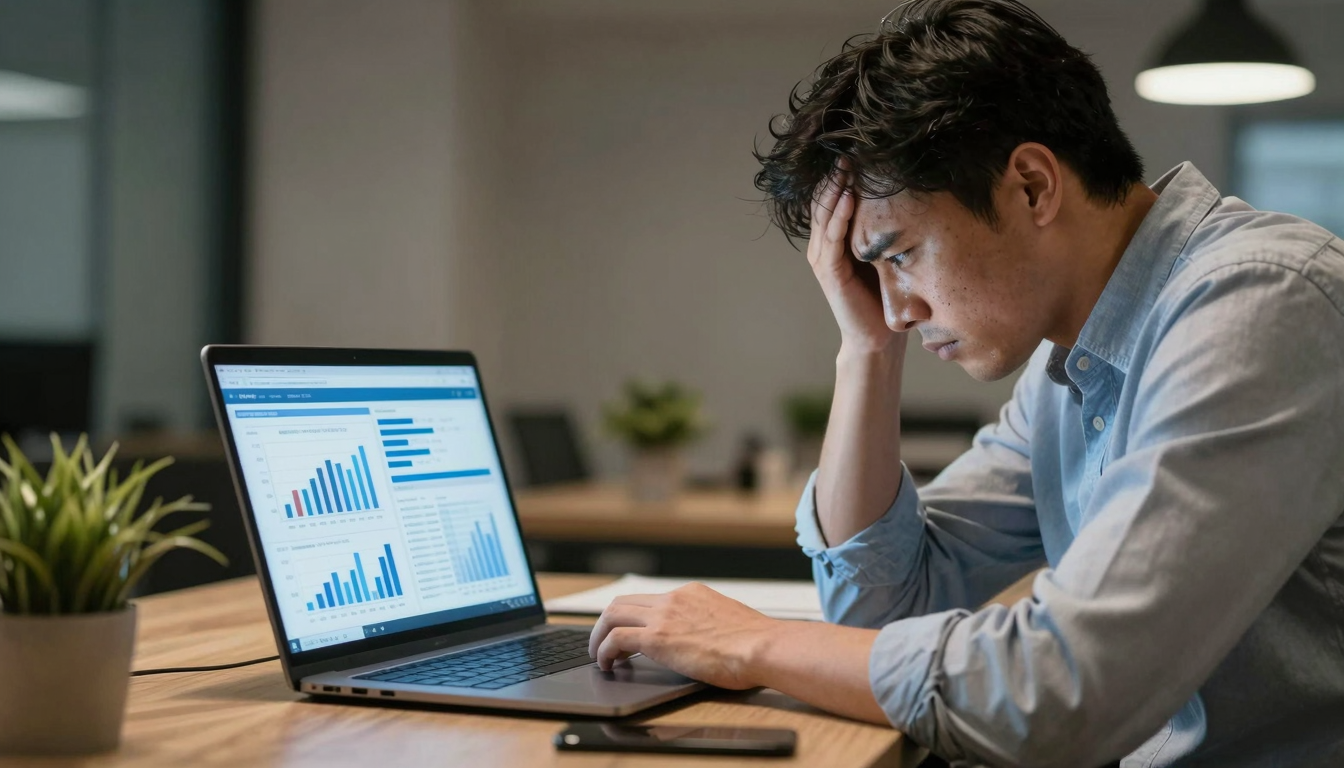 A frustrated business owner looking at complicated marketing analytics on a laptop screen.