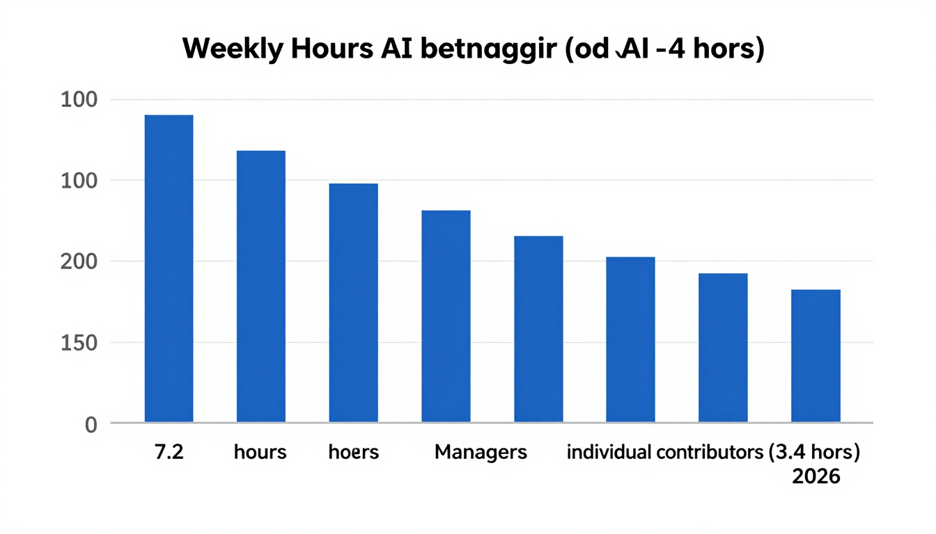 A bar chart showing the difference in weekly hours saved by AI between managers (7.2 hours) and individual contributors (3.4 hours) in 2026.