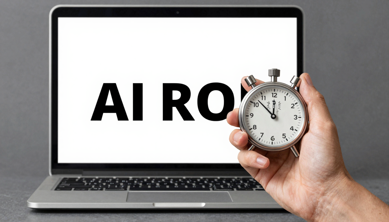 A person holding a stopwatch next to a laptop, representing the process of timing manual tasks to measure AI ROI.