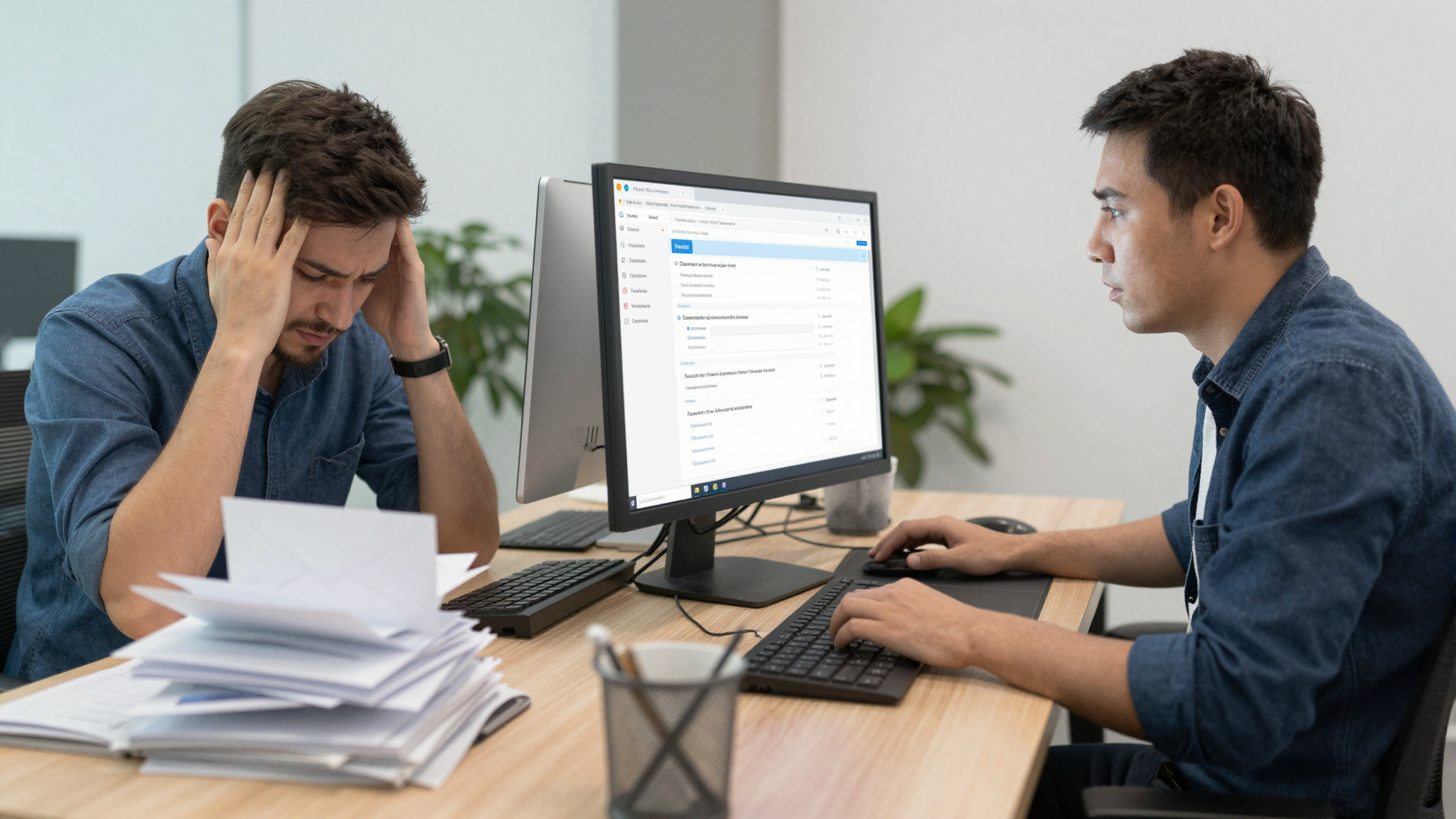 A split screen comparing a stressed employee manually sorting emails versus a relaxed employee using an automated CRM dashboard.