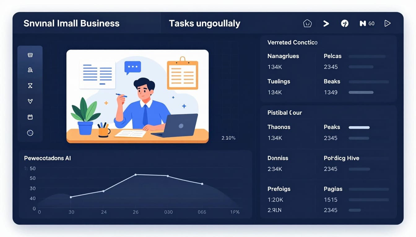 A side-by-side comparison chart showing a busy small business owner managing tasks manually versus an automated dashboard powered by AI.