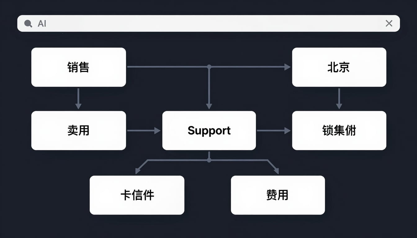 A flowchart showing a website visitor interacting with an AI widget, which then categorizes the request into Sales, Support, or Billing buckets.