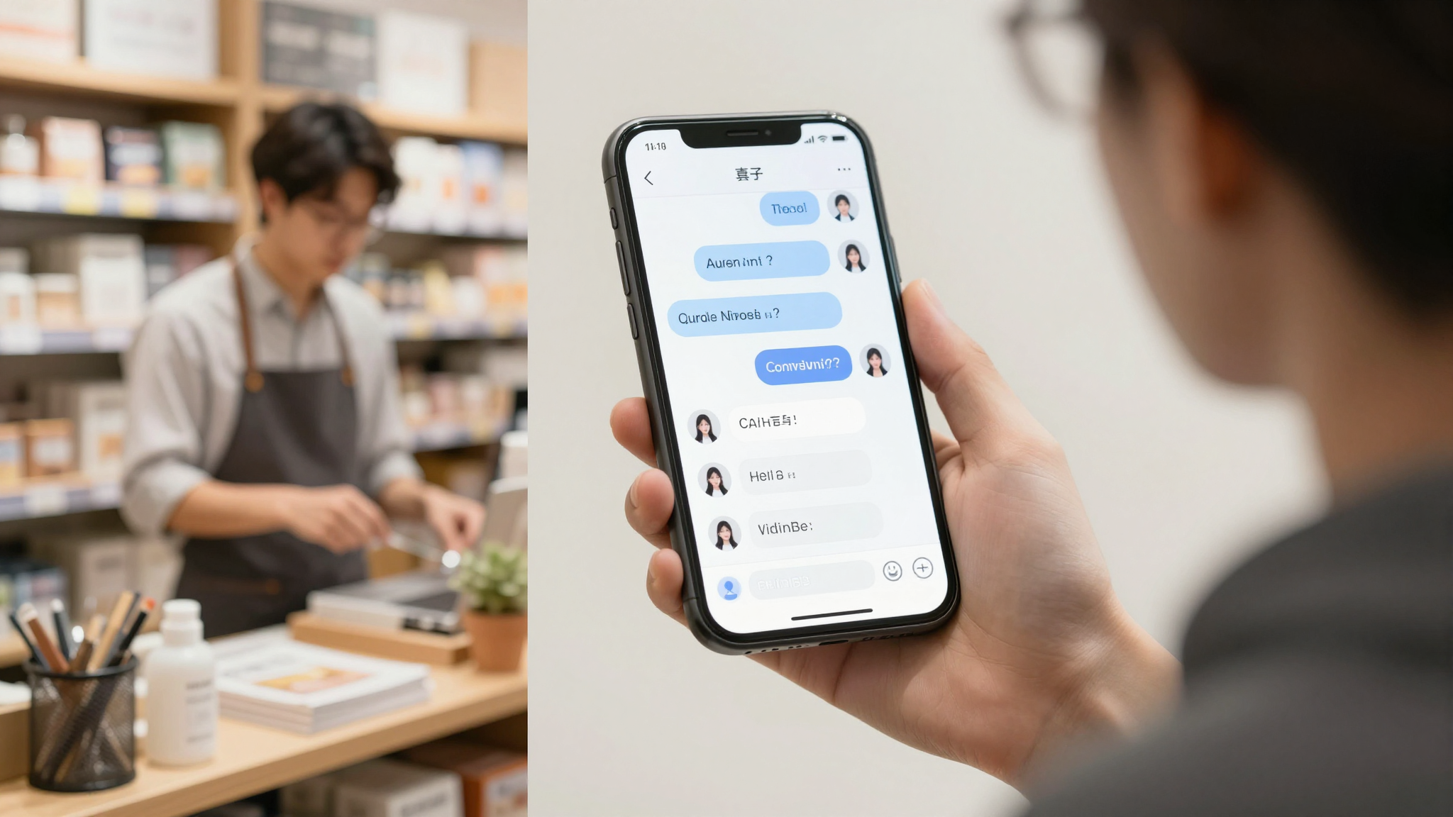 A split screen showing a busy shop owner on the left and an AI chatbot answering customer questions on a mobile phone on the right.