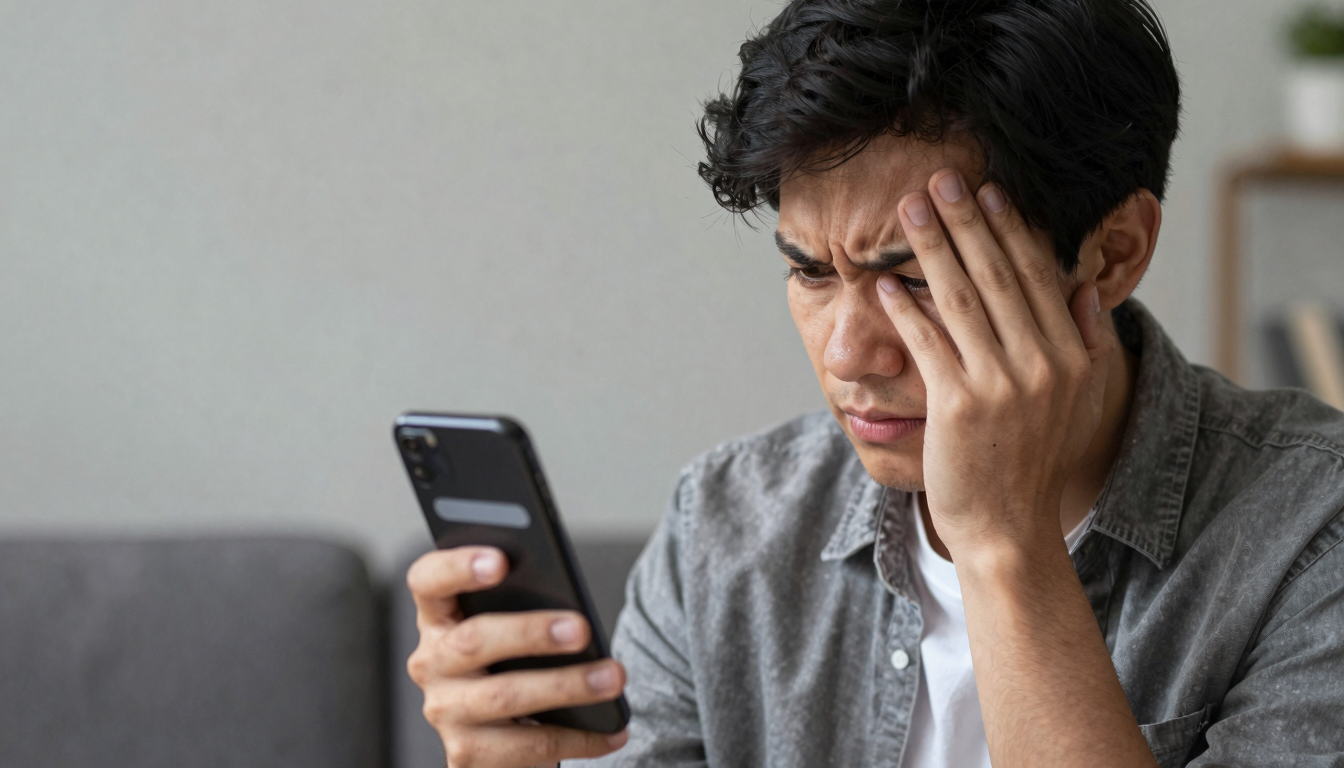 A frustrated user looking at a loading screen on their mobile phone