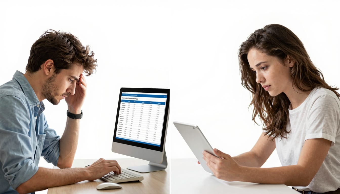 A side-by-side comparison chart showing a frustrated user typing into an old database versus a relaxed user reviewing automated insights on a tablet.