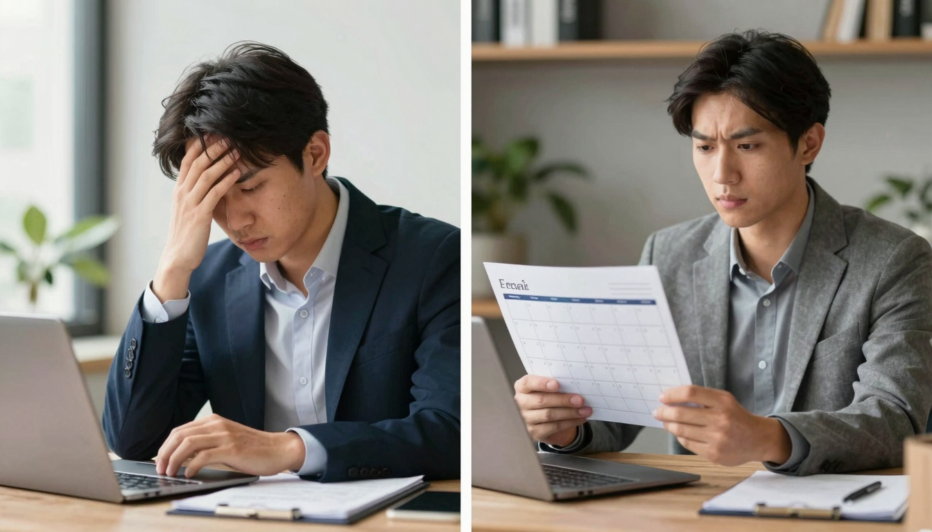 A split screen showing a stressed business owner manually typing emails vs. a calm owner looking at a full calendar.