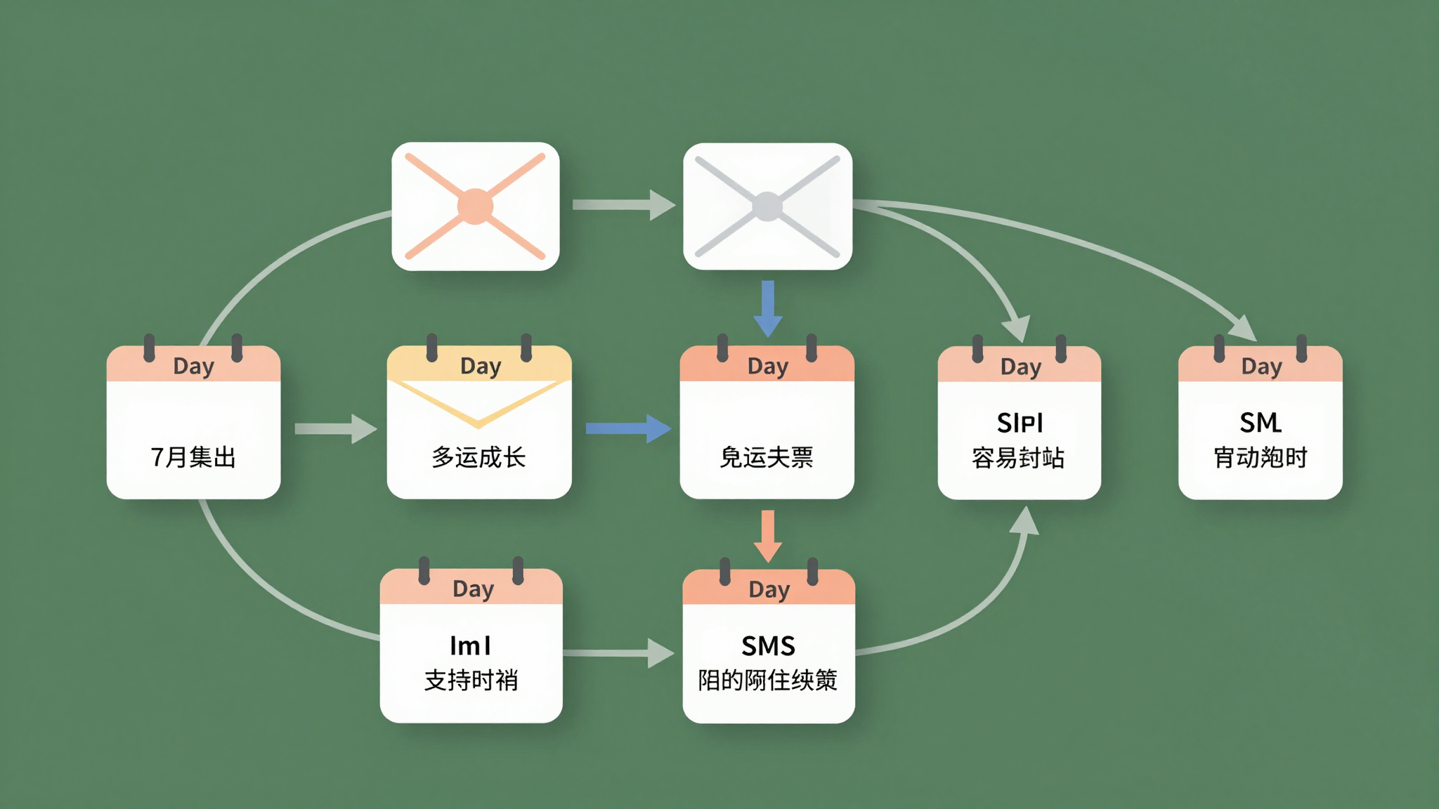 A flowchart showing a 7-day automated email and SMS sequence leading to a booked calendar appointment.