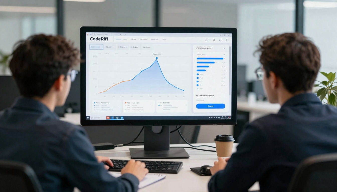The CodeRift team looking at a dashboard showing increased sales metrics and booked calls.